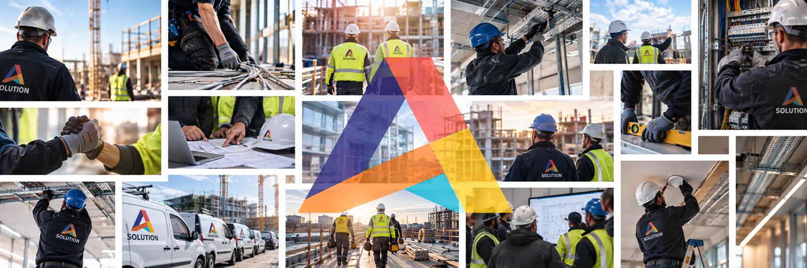 Collage af A Solution-medarbejdere på byggepladser, ved el-installationer og ved firmabilerne
