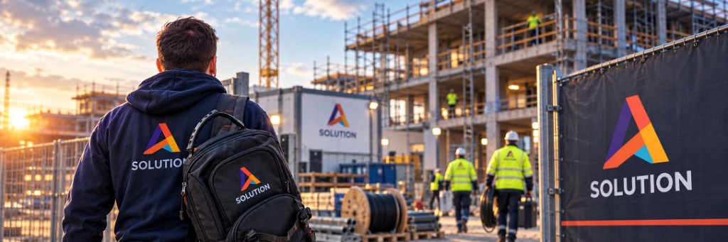 A Solution-medarbejder ankommer til byggepladsen, hvor kolleger i refleksveste er i gang